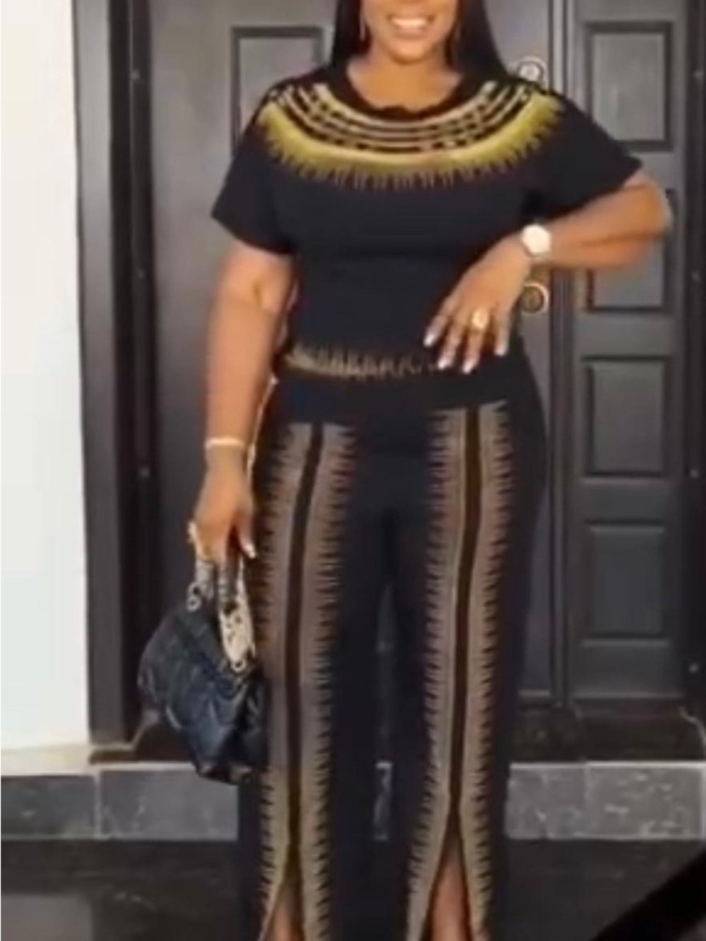 Women Black Wide-Leg Two-Piece Set with Gold Accents, super cute and stretchy